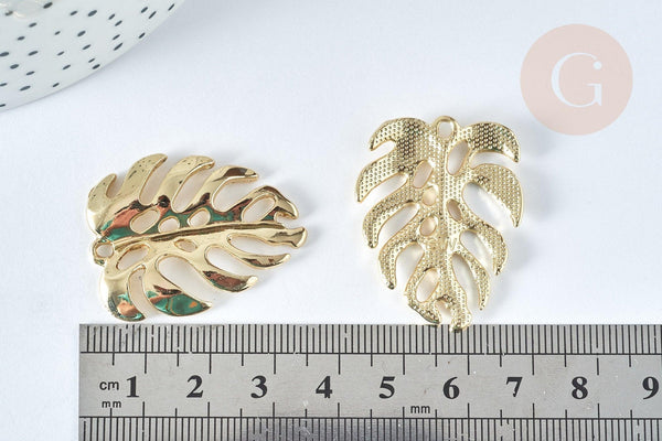 Pendentif Feuille Monstera zamac doré clair 34mm, feuille dorée pour création bijoux, x1 G7413