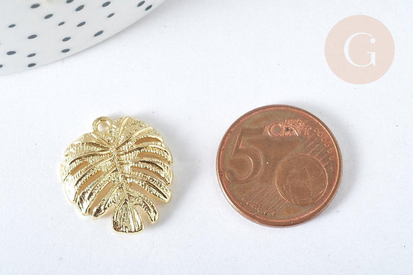 Pendentif Feuille tropicale zamac doré 21,5mm,pendentif création bijoux doré, x1 G7437