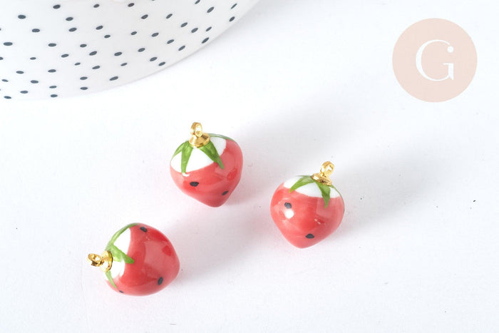 Pendentif Fraise porcelaine et laiton doré rouge 18~20mm, pendentif fruit , x1 (G7450)
