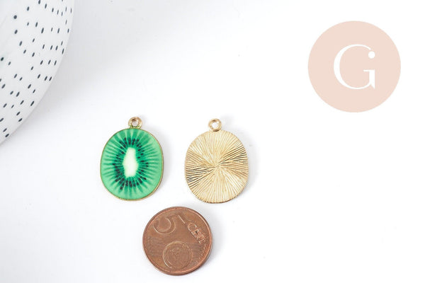 Pendentif Kiwi zamac doré émail vert 26.5mm, création bijoux fruits, x1 G9000