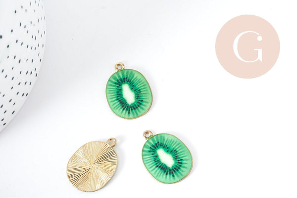 Pendentif Kiwi zamac doré émail vert 26.5mm, création bijoux fruits, x1 G9000