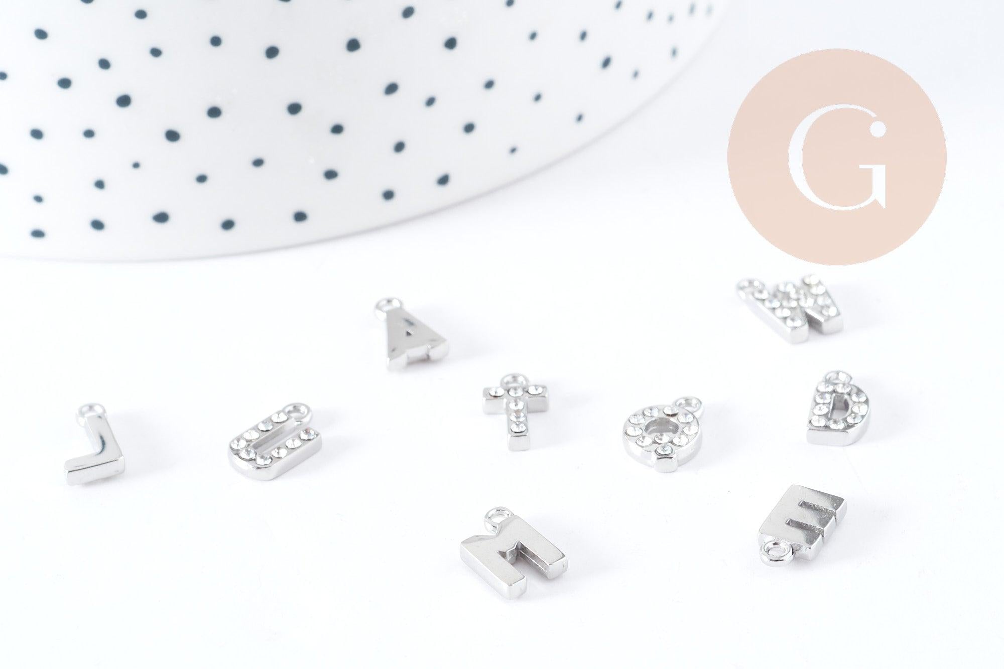 Pendentif Lettre acier 304 inoxydable argenté lettre cristal blanc 10mm, initiale prenom, x1 G8932
