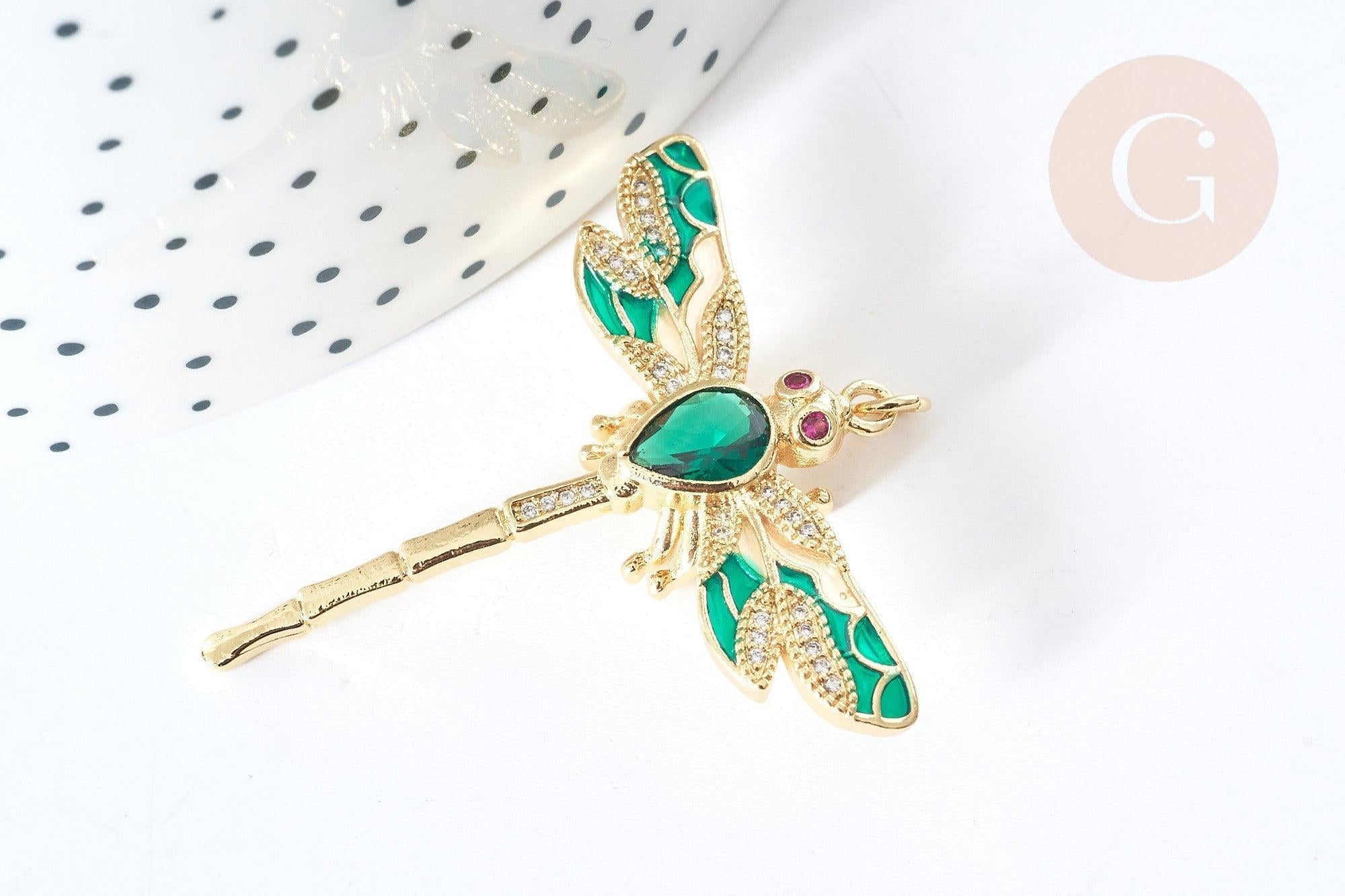 Pendentif Libellule insecte ailé laiton doré zircons 42mm, x1 (G8072)