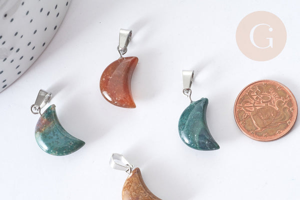 Pendentif Lune agate indienne naturelle laiton platine 21~24mm, création bijou lune agate naturelle, x1 (G7967)