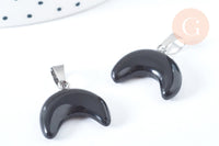 Pendentif Lune agate noire naturelle acier inoxydable 30mm, création bijou lune, pendentif pierre agate naturelle, x1 (G6998)