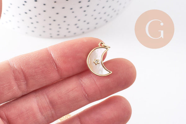 Pendentif Lune nacre blanche naturelle laiton doré 18mm, x1 (G10256)