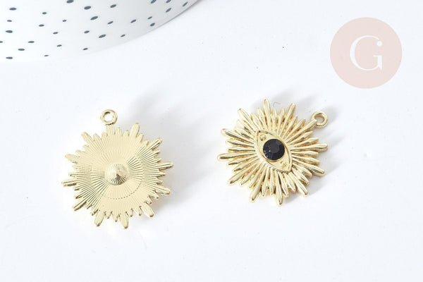 Pendentif Mauvais Oeil résine noire zamac doré 27,5mm, Pendentif zamac doré pour création bijou chance, x1 G8087