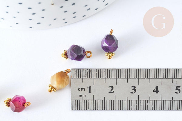 Pendentif Œil de tigre naturel teinté zamac doré coloré 13mm, x1 (G7933)