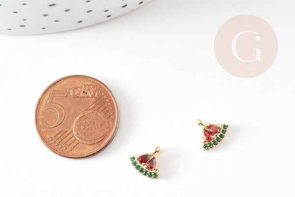 Pendentif Pastèque laiton doré zircons rouge vert 8mm, pendentif fruits pour création bijoux fantaisie, x1 G9171