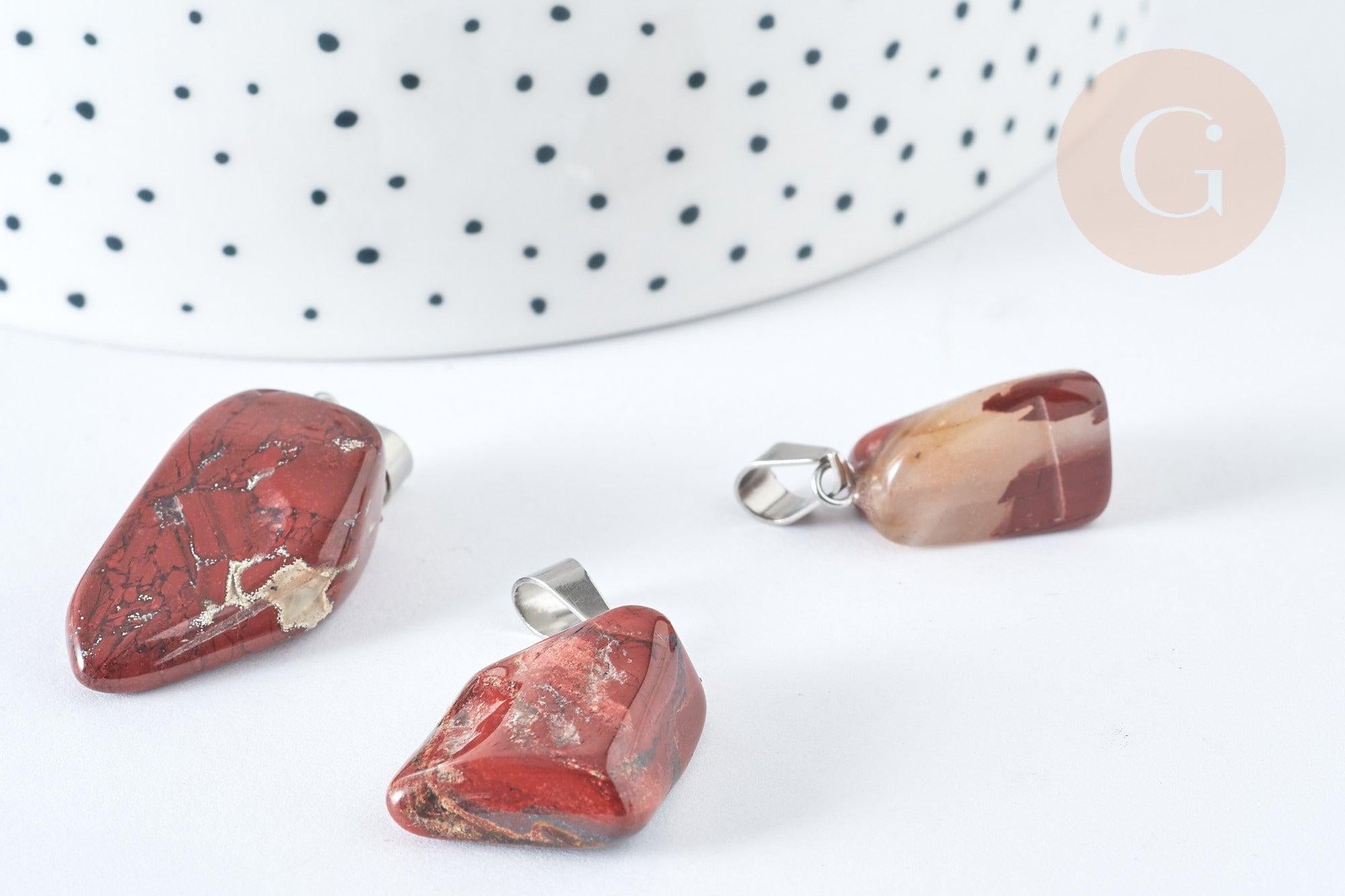 Pendentif Pépite jaspe rouge acier inoxydable 304 argenté 15~35mm, pendentif bijoux pierre, x1, G7543