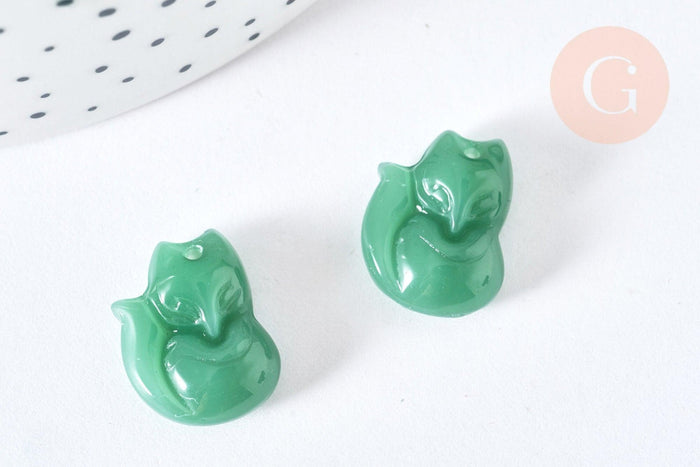 Pendentif Renard Verre vert foncé façon jade 18mm, pendentif animal cristal, x2 (G6918)