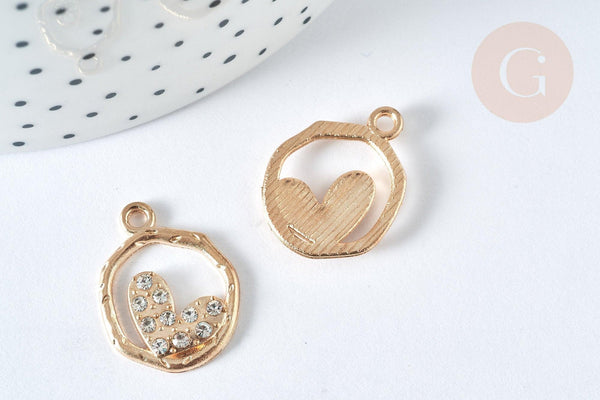 Pendentif Rond cœur zamac doré zircons blancs 22mm, création bijoux amour, x1 G7418