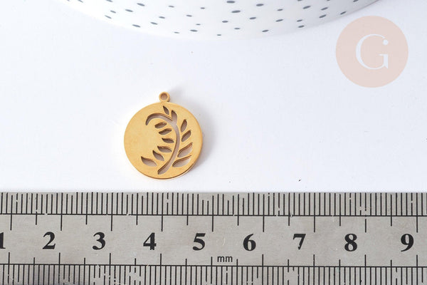 Pendentif Rond plat feuille acier 201 inoxydable doré PVD 18mm, x1 (G7973)