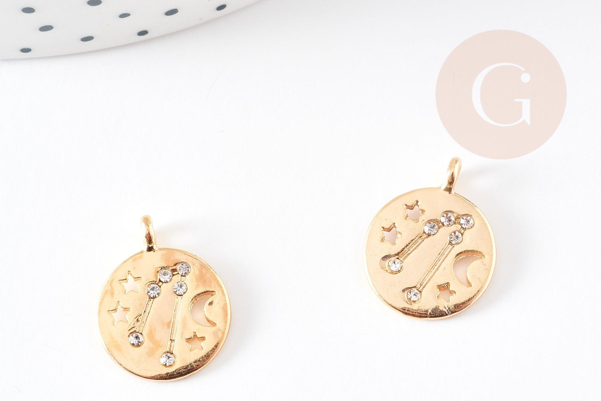 Pendentif Taureau lune et étoiles en zamac dore et zircons 17mm,pendentif médaille doré signe astrologique, x1 G3514