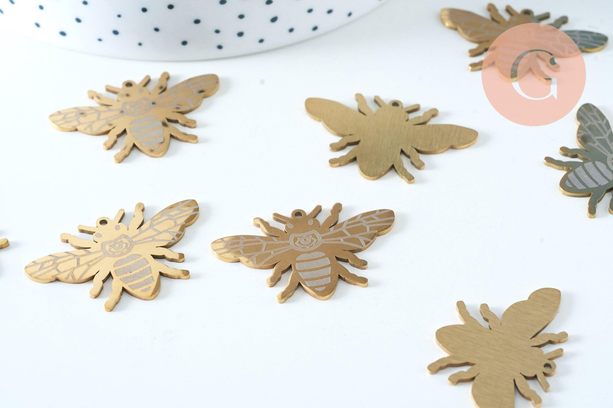 Pendentif abeille 36mm acier inoxydable doré, breloque doré, acier inoxydable doré, pendentif sans nickel, x1 (G6021)
