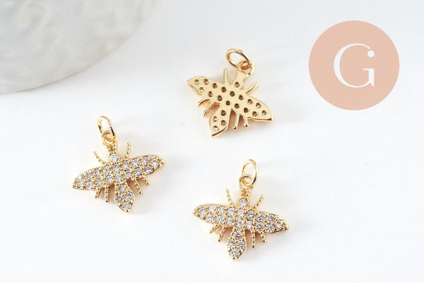 Pendentif abeille laiton doré zircons, fournitures pour bijoux, bijou laiton,pendentif laiton brut,17mm, x1 (G3332)