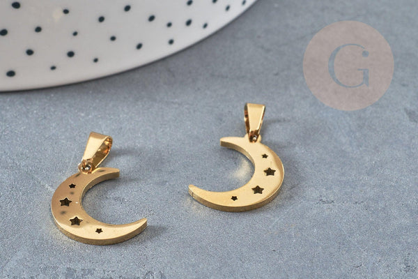 Pendentif acier doré lune et étoiles 20mm, breloque doré, acier inoxydable doré, pendentif sans nickel, x1 G6160