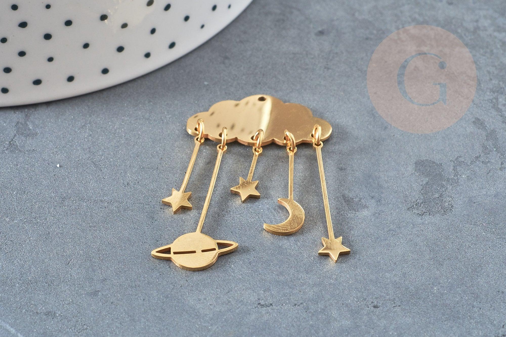 Pendentif acier doré nuage et constellations 49mm, breloque , acier inoxydable doré, pendentif sans nickel, x1 (G5736)