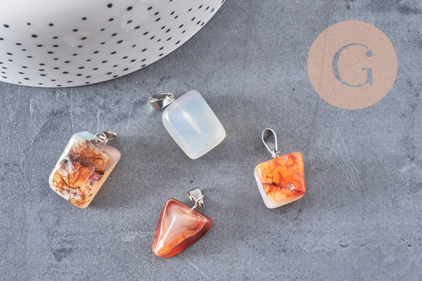 Pendentif agate naturelle support acier inoxydable platine 35mm,Pendentif bijoux pierre naturelle, x1 G5160