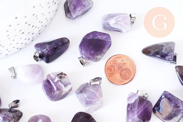 Pendentif améthyste naturelle roulée acier inoxydable platine 15-35mm, x1 (G5532)