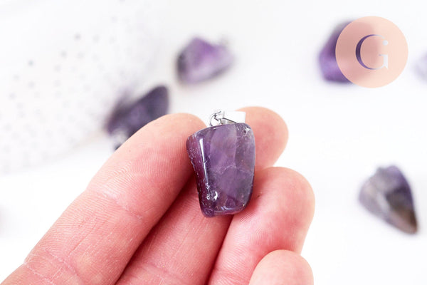 Pendentif améthyste naturelle roulée acier inoxydable platine 15-35mm, x1 (G5532)