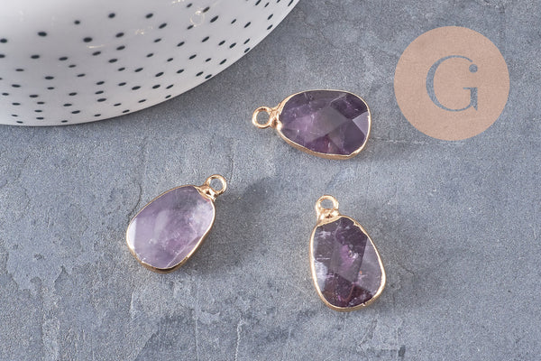 Pendentif améthyste violette, fournitures créatives, pendentif pierre, support doré, 25mm, x1 G1044
