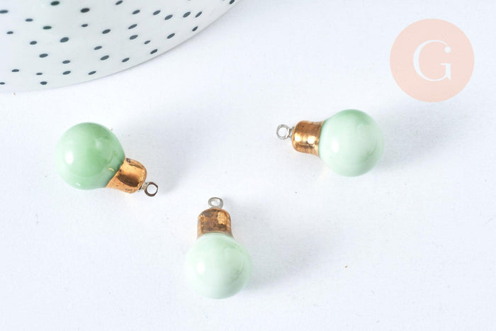Pendentif ampoule porcelaine émaillé vert et or clair 20mm, pendentif porcelaine géométrique x1 (G7146)