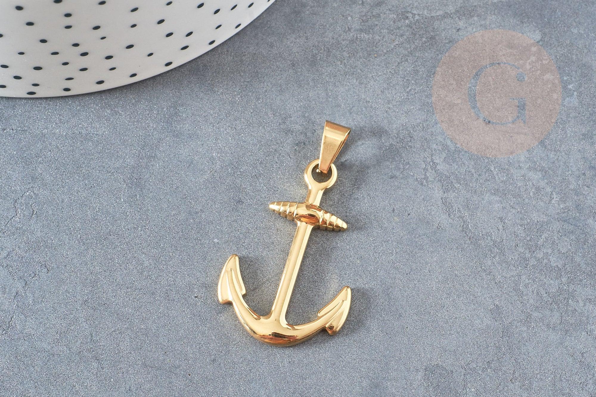 Pendentif ancre acier doré 14k, fourniture bijoux,acier doré inoxydable ,pendentif bijoux sans nickel,37.5mm, x1 (G4522)