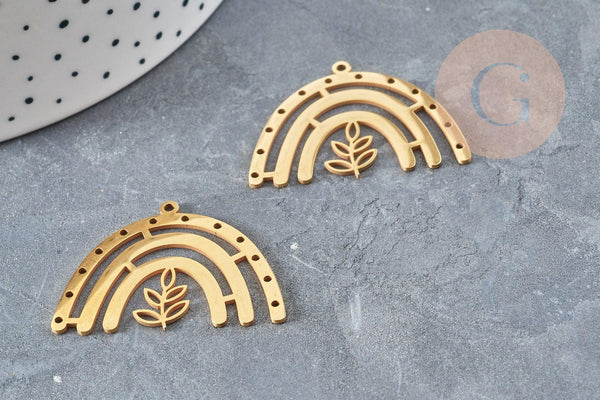 Pendentif arc-en-ciel feuille acier 201 inoxydable doré 26mm, x1 (G0060)