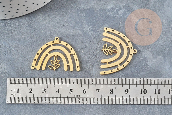 Pendentif arc-en-ciel feuille acier 201 inoxydable doré 26mm, x1 (G0060)