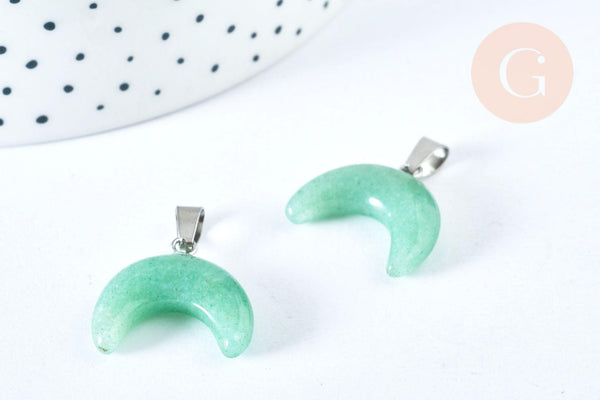 Pendentif aventurine verte lune acier inoxydable 18-19mm, pendentif pierre acier inoxydable, bijou pendentif pierre naturelle, x1 (G6997)