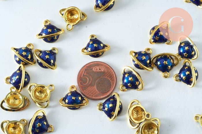 Pendentif boule planète étoiles émail bleu zamac doré 13mm, pendentif laiton émaillé,sans nickel, x1 G6006