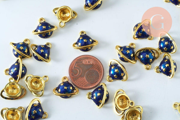 Pendentif boule planète étoiles émail bleu zamac doré 13mm, pendentif laiton émaillé,sans nickel, x1 G6006