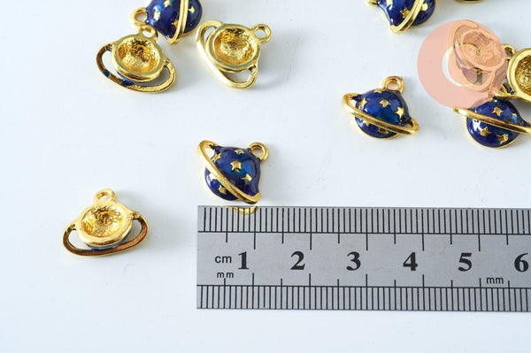 Pendentif boule planète étoiles émail bleu zamac doré 13mm, pendentif laiton émaillé,sans nickel, x1 G6006