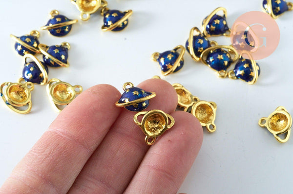 Pendentif boule planète étoiles émail bleu zamac doré 13mm, pendentif laiton émaillé,sans nickel, x1 G6006