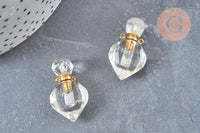 Pendentif bouteille parfum cristal de roche naturel laiton doré 27mm, x1 (G6736)