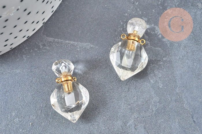 Pendentif bouteille parfum cristal de roche naturel laiton doré 27mm, x1 (G6736)