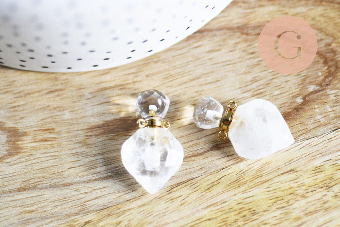 Pendentif bouteille parfum cristal de roche naturel laiton doré 27mm, x1 (G6736)