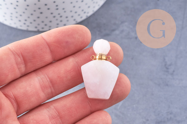 Pendentif bouteille parfum quartz rose naturel acier inoxydable doré 39mm, x1 (G3012)
