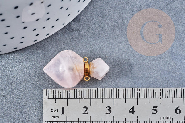 Pendentif bouteille parfum quartz rose naturel laiton 27mm, x1 (G8633)