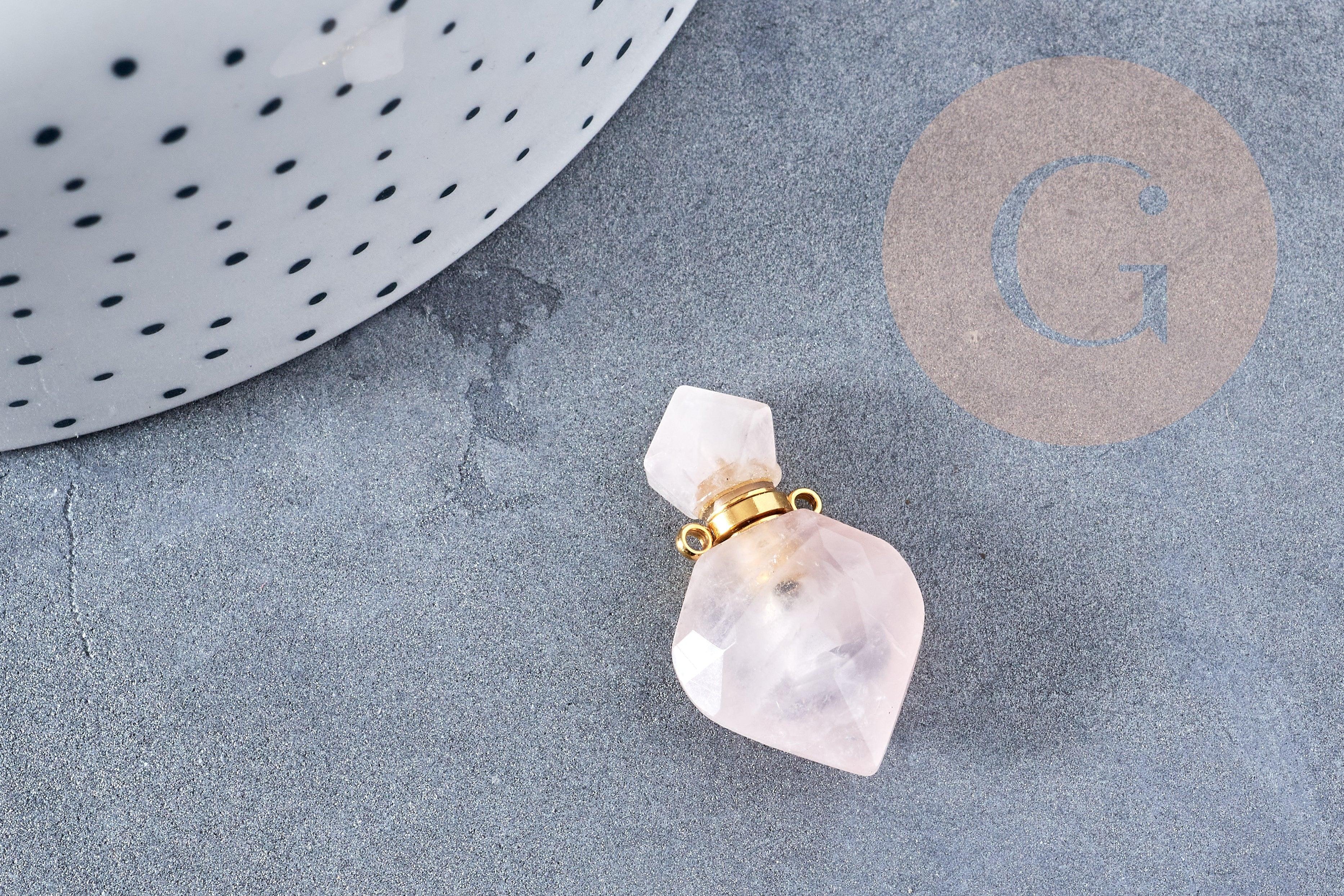 Pendentif bouteille parfum quartz rose naturel laiton 27mm, x1 (G8633)