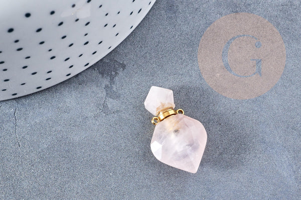 Pendentif bouteille parfum quartz rose naturel laiton 27mm, x1 (G8633)