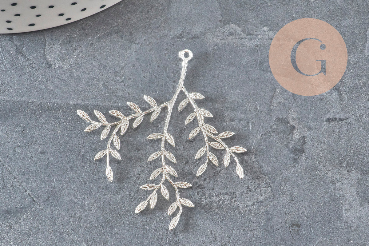 Pendentif branche feuille laiton argenté 49mm, x1 (G11339)-Breloques et pendentifs-Gingerlily Perles