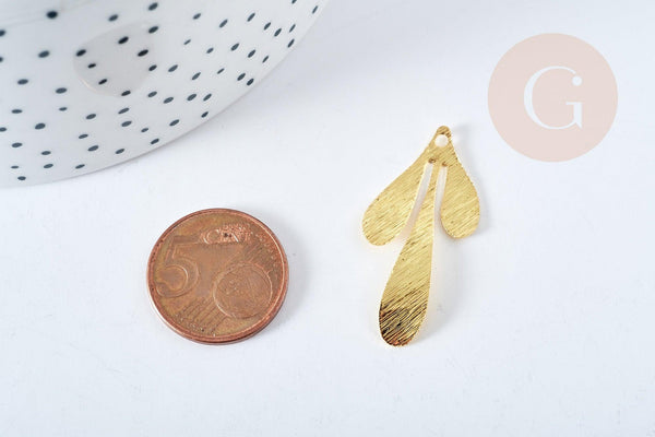 Pendentif branche feuille laiton doré brossé 35.5mm,création bijoux motif végétal, x2 (G8736)