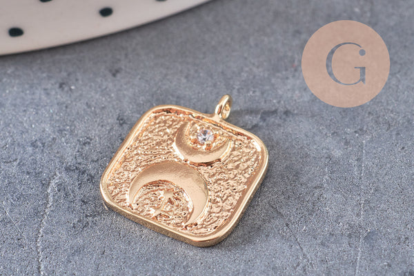 Pendentif carré lune protecteur chance en laiton zircon 18K 19mm, x1 (G10559)