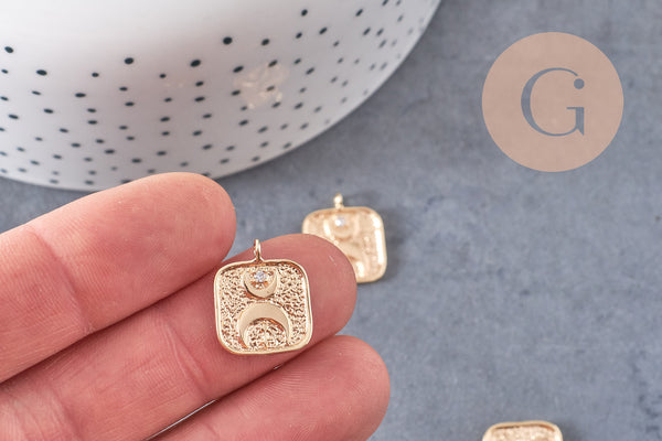 Pendentif carré lune protecteur chance en laiton zircon 18K 19mm, x1 (G10559)