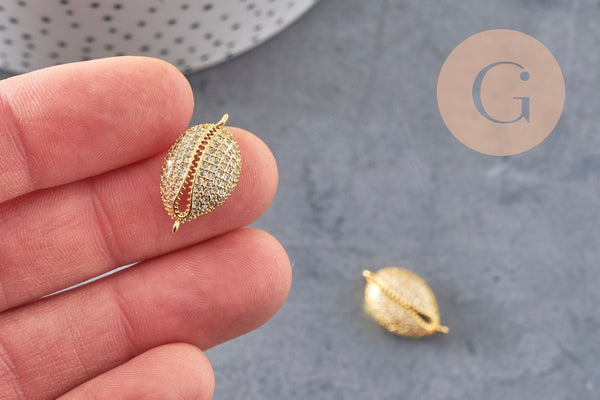 Pendentif cauri laiton doré 18K zircon blanc, sans nickel,pendentif coquillage doré,21mm, x1 (G4462)