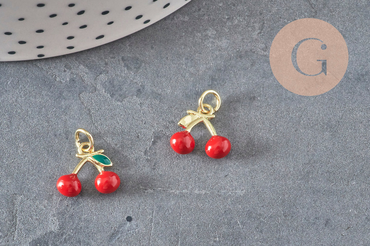 Cherry pendant, gold plated, red enamel, 18K gold plated brass, 11mm, x1 (G8582)