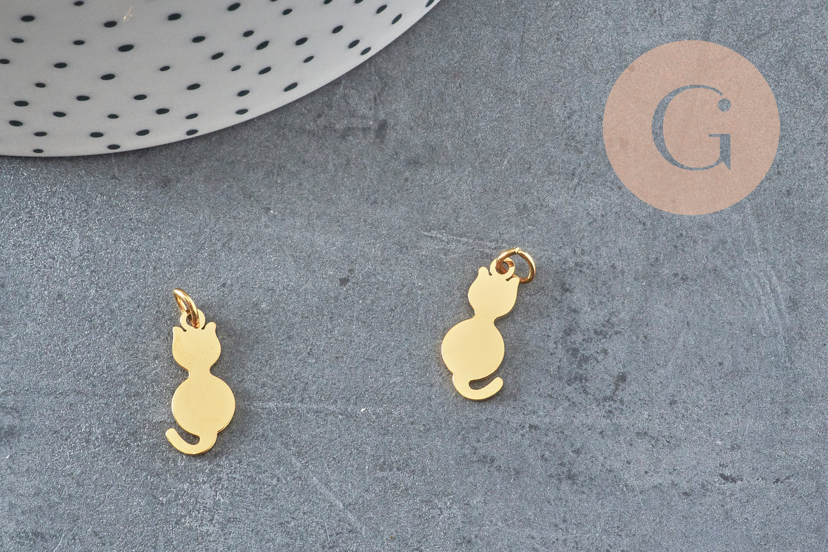 Pendentif chat acier 201 doré inoxydable 17mm, x1 VALIDE-Breloques et pendentifs-Gingerlily Perles