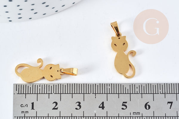 Pendentif chat acier 304 doré inoxydable 22mm, x1 (G8618)